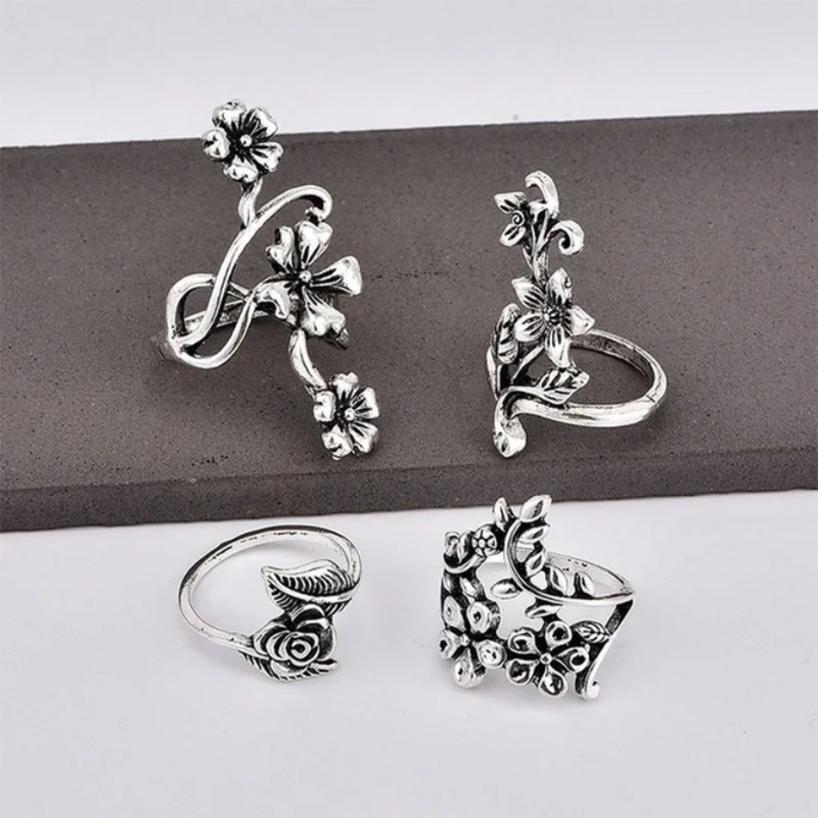 4 Pieces/set New Popular Women's Fashion Retro Personality Ancient Silver Forest Vine Leaf Flower Hollow Ring Set