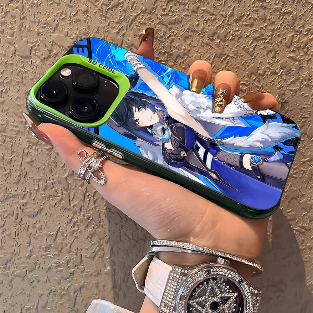 Yelan Genshin Impact Phone Case For IPhone 17 16 15 14 13 12 11 Plus Pro Max Multicolor Aurora Laser Shockproof Funda Cover