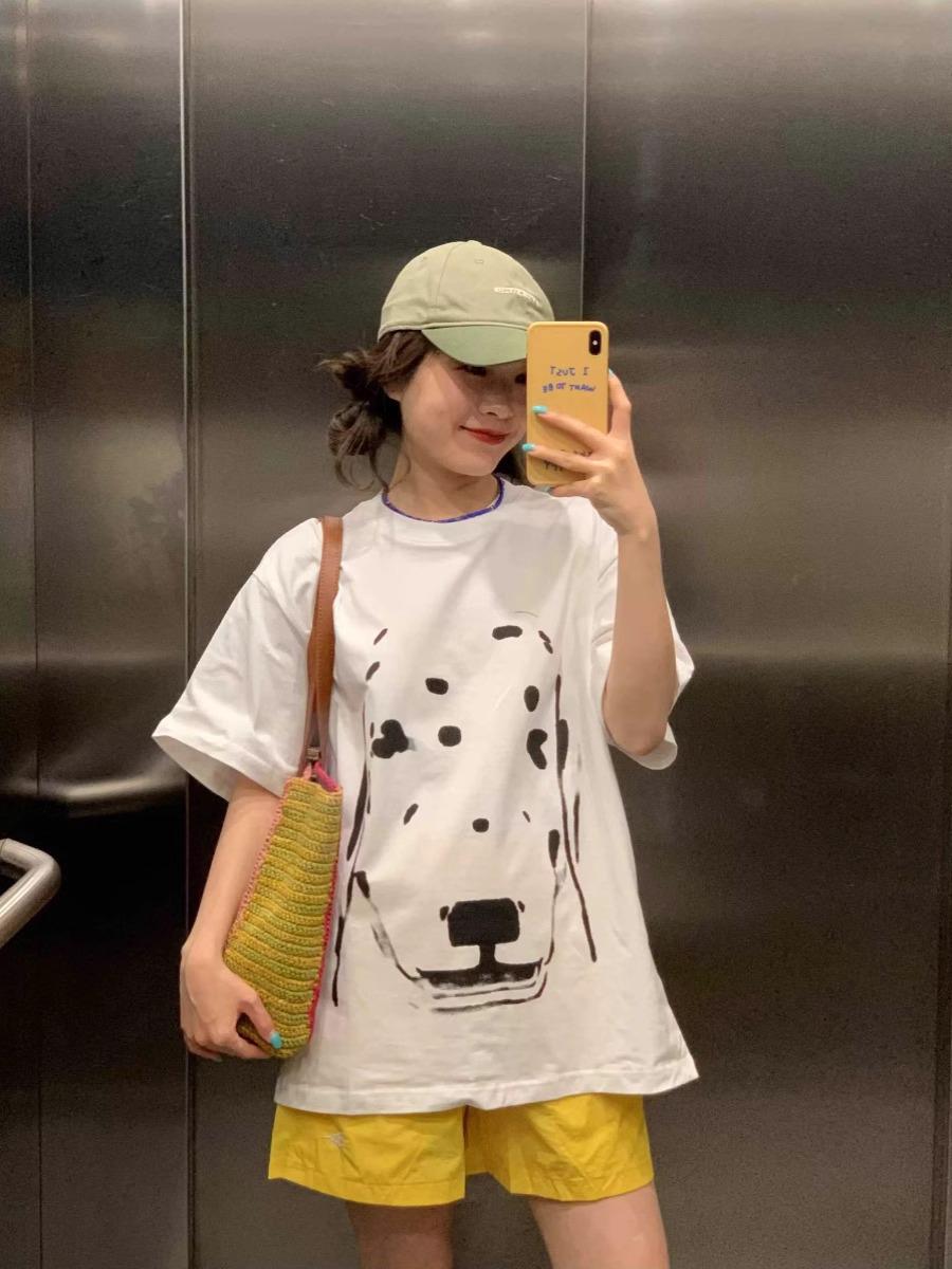 

2025 Summer Women s Heavyweight Cotton Straight Shoulder Loose Half Sleeve T-Shirt M