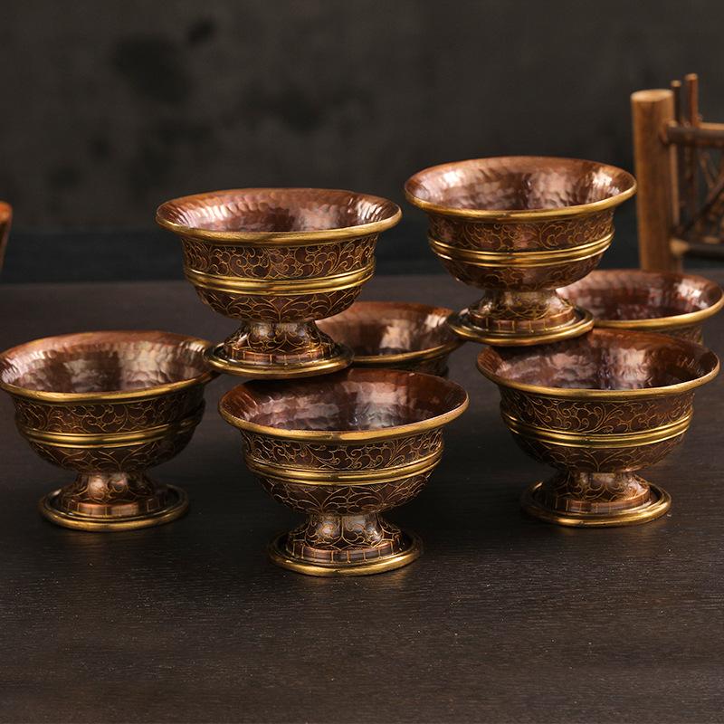 Handmade Nepal Copper Gold Plated Engraved Water Offering Bowl High Foot Cup Pure Water Vessel