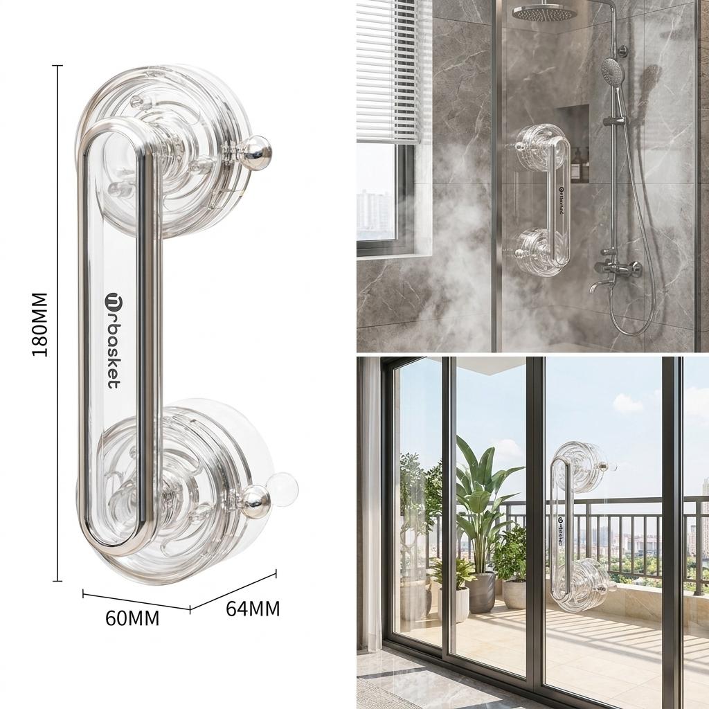 Bathroom Suction Cup Grab Bar, Non‑Slip Waterproof Removable Door Handle for Sliding Door, Wardrobe & Cabinet, No Drilling