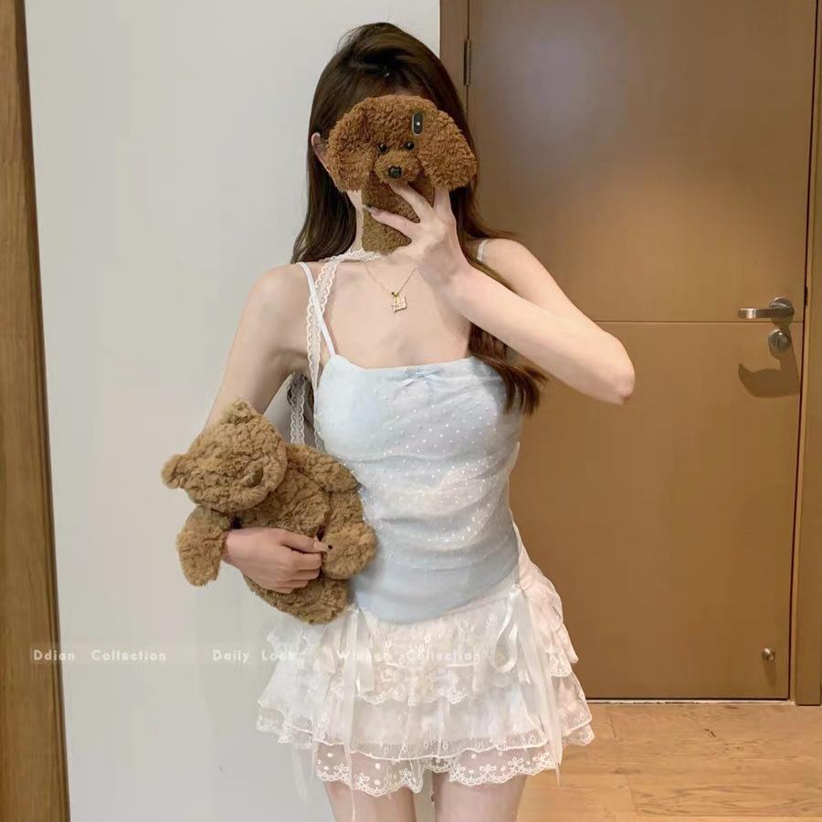 #Summer new sweet mesh polka dot sling vest slim and thin women's fixed belt chest pad versatile