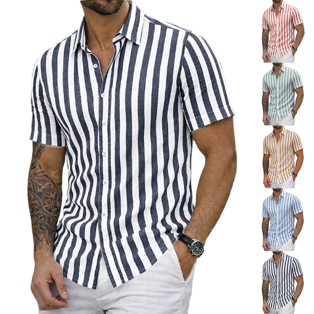 Men's Linen Short Sleeve Shirt Striped Button Down Casual Lightweight Breathable Open Front Collared Top for Summer Daily Wear