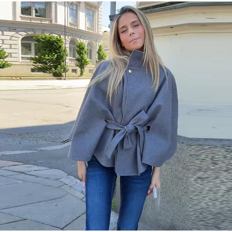 

Stand-up Collar Tied Faux Woolen Cloak Women s Bat Sleeve Short Coat One Button Cardigan Design Daily Commuting 2025 Autumn Warm Coat Polyester XS