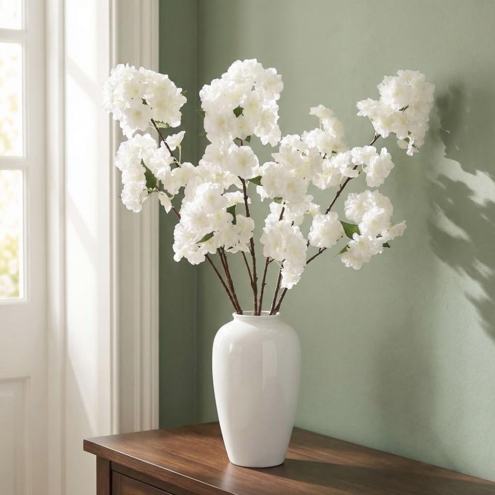 Green Leaves Artificial Cherry Blossom Flower Handmade Real Touch Simulation Floral Artificial Luxury Faux Sakura Flower Branch