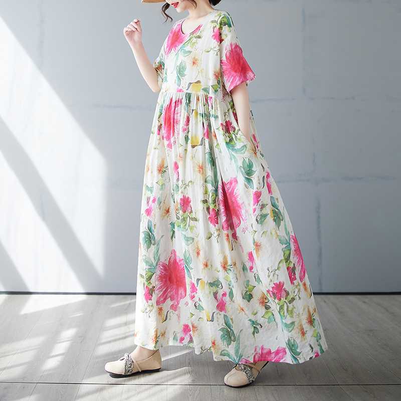 Women's Simple and Fashionable Long Skirt, Short Sleeved Round Neck Printed Dress