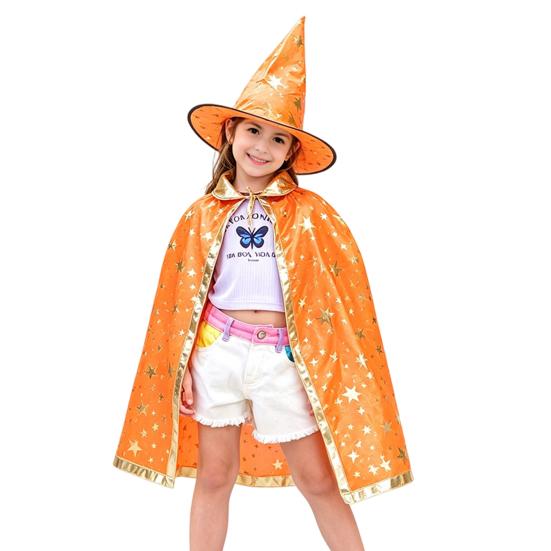 Star Pattern Wizard Cape Kids Cloak with Hat for Boys Girls, Halloween Witch Theme Role Play Costume Prop Party Cosplay Outfit, Fancy