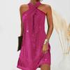 Ladies Dress Shiny Sequin Off Shoulder Sleeveless Cross Halter Neck Loose A-line Loose Hem Solid Color Mini Dress Party Prom Evening Dress