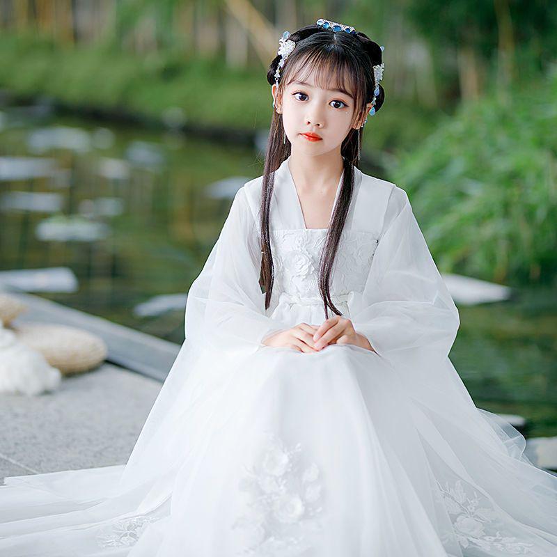 White Hanfu for Girls: Summer Children's Ancient Costume - Spring/Autumn Improved Ruqun Style 2026