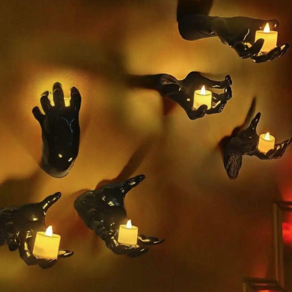 3Pcs Realistic Halloween Wall Mounted Devil's Hand Black Plastic Desk Lamp Holder with Candle