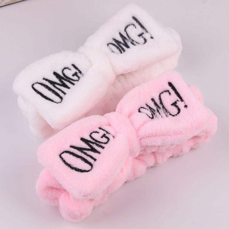 Versatile Candy Color Omg Letters Bow Headband Coral Fleece For Daily Facial Routines