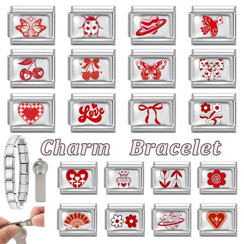 Y2K Rote Serie Blume Kirsche Herz Schleife Schmetterling Liebe Italienischer Charm Glieder Passend 9mm Edelstahlarmband Damen DIY Basteln