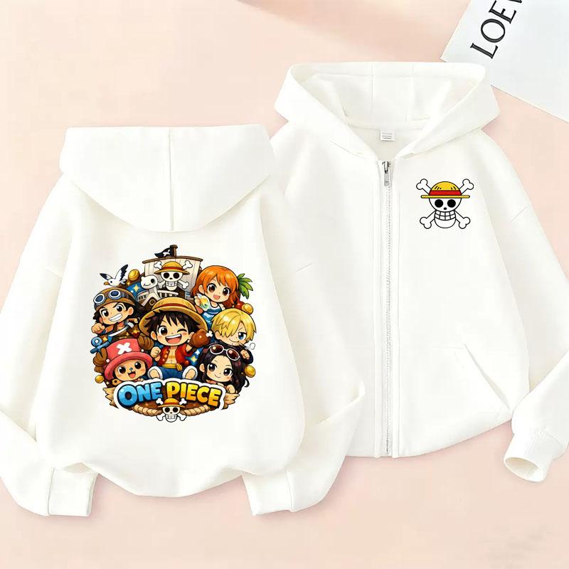 Cartoon Printed Clothing, One Piece Anime Hooded and Zippered Sweater, Long Sleeve Luffy Hooded Sweater for Kids