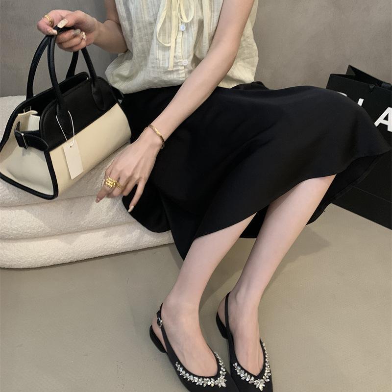 French Temperament Nude Square Head Rhinestone Rear Empty Single Shoes Women's Summer New Satin Versatile Bag Head Sandals