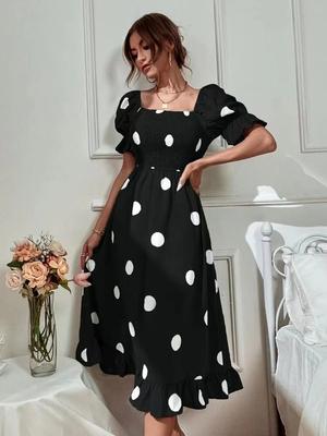 Women's Dot Slim Sweetheart Ruffle Short Sleeve Swing Dresses