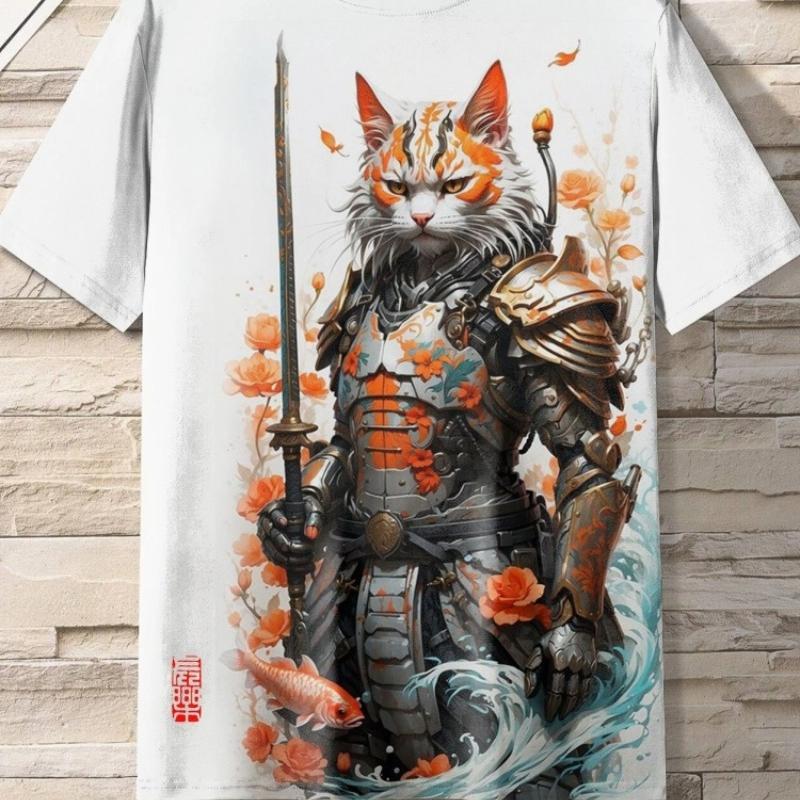 Maglietta da uomo in stile giapponese con grafica Samurai Cat, stampata in 3D, casual, a maniche corte, per esterni, abbigliamento da uomo oversize