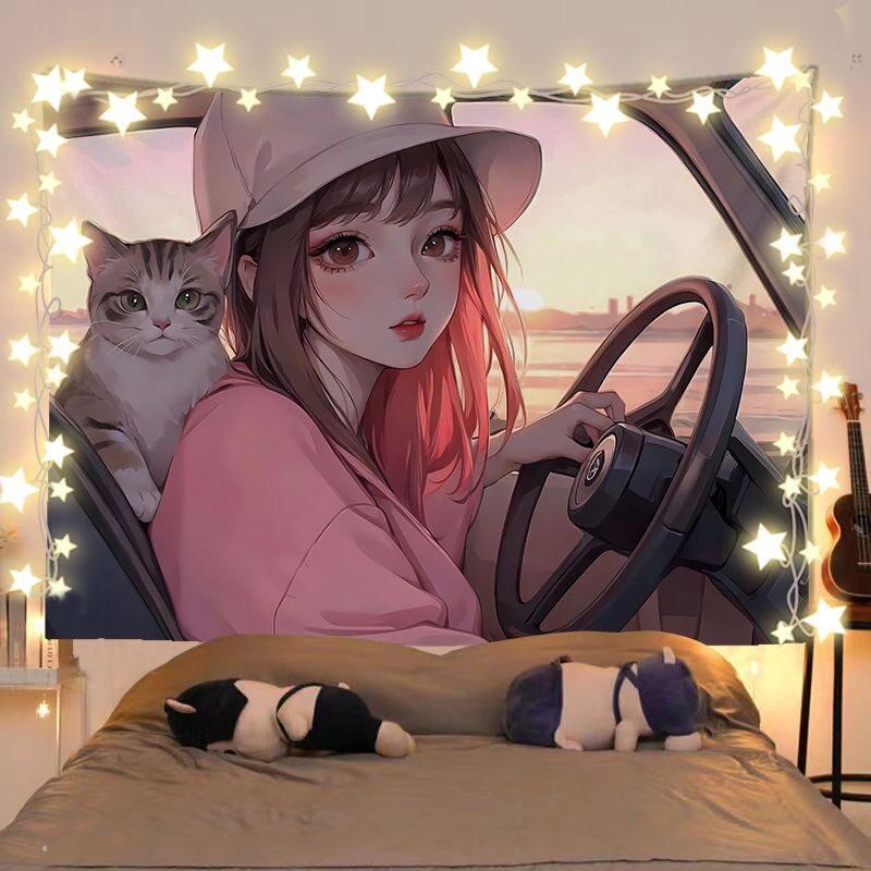 Anime-Mädchen und Katze Heilende Landschaft Wandteppich Wandbehang Dekoratives Gewebe für Zimmer Kopfteil und Hintergrunddekoration