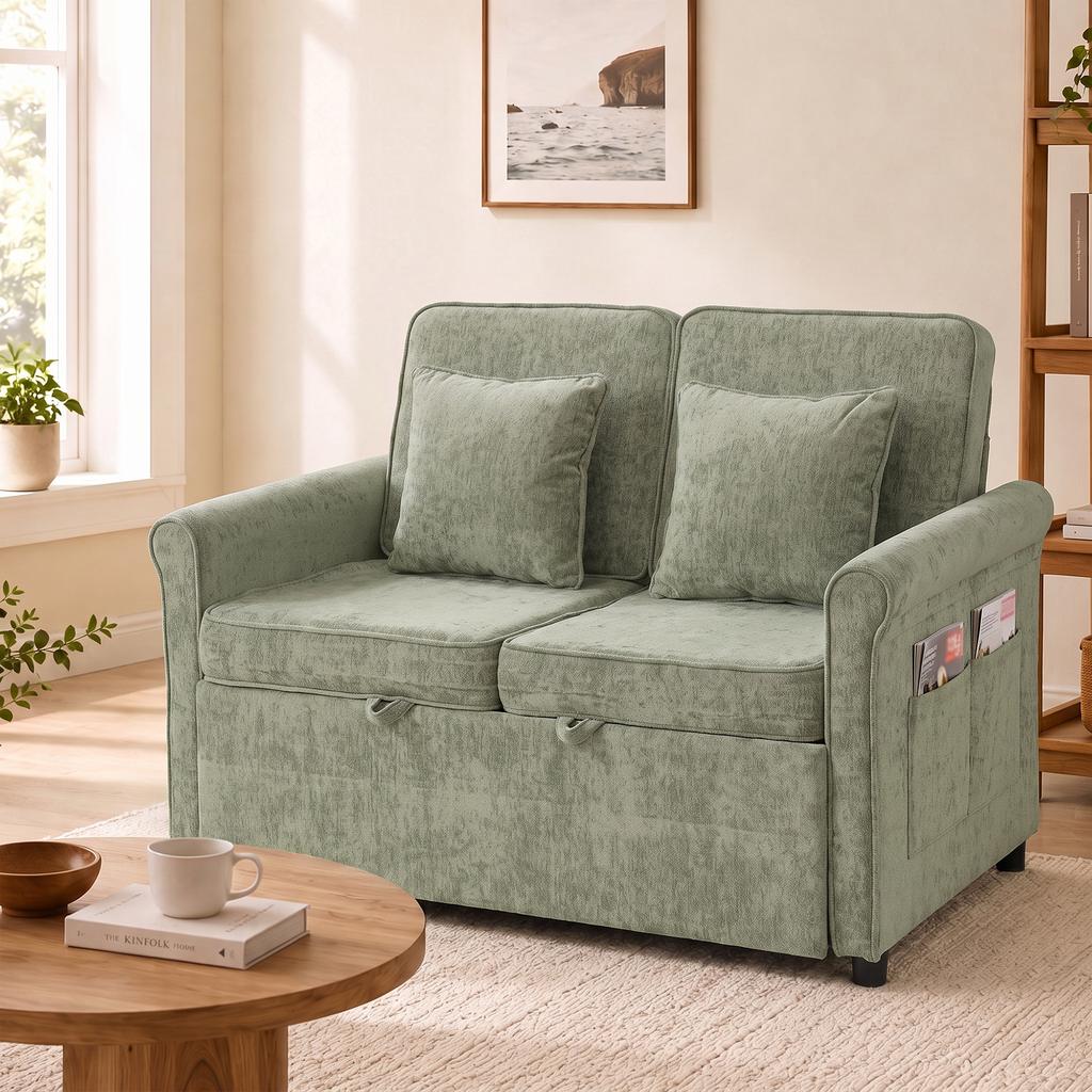 2 Seater Sofa Bed 3-in-1 Convertible Chenille Pull Out Sleeper Sofa with 5-Position Adjustable Backrest, Light Green