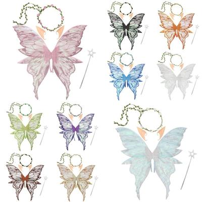 Elfenohren Feenkostüm Set Blumenkranz Funkelnde Engelsflügel Süße Fee Schmetterlingsflügel Halloween