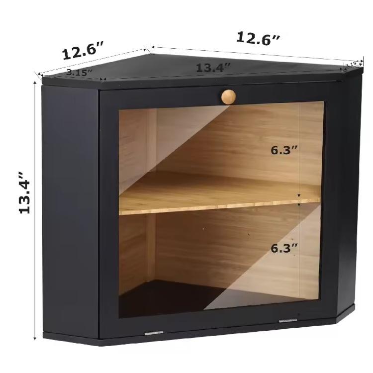 Dřevěná trojúhelníková kuchyňská rohová úložná krabice na chléb a sýr s průhlednými akrylovými dveřmi a oknem