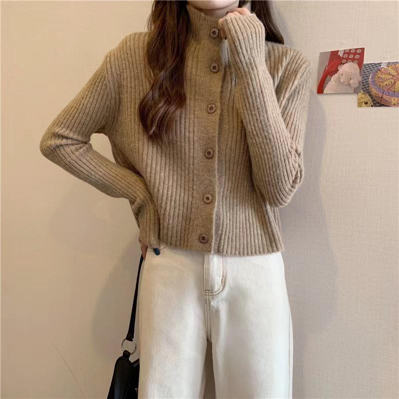 Elegant Stand Collar 100% Wool Knitted Cardigan - Slimming Long Sleeve Sweater Coat for Autumn & Winter