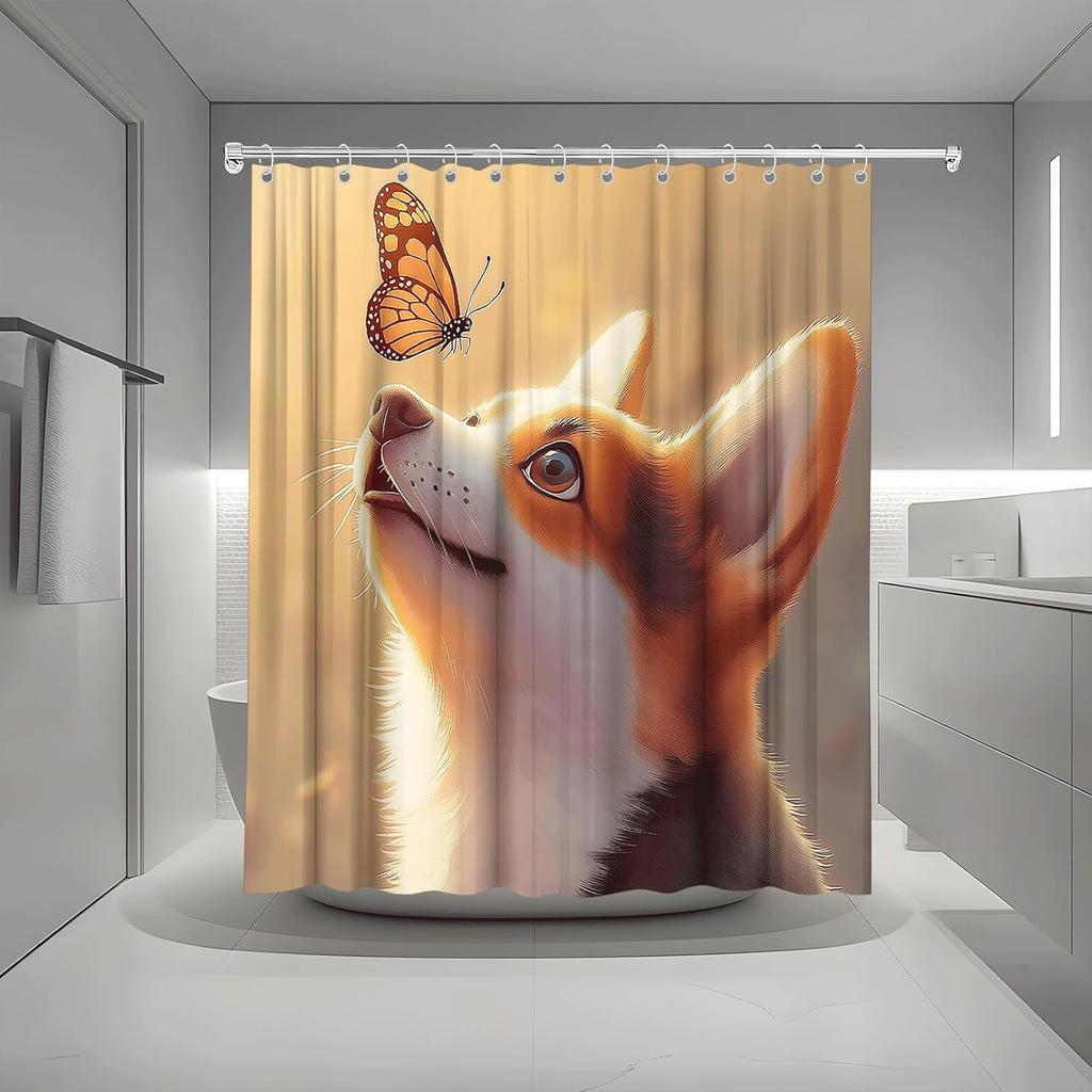 Cute Dog Shower Curtain Funny Corgi And Butterfly Puppy Lovely Cartoon Animal Pet Lover Abstract Girls Boys Bath Curtain Fabric