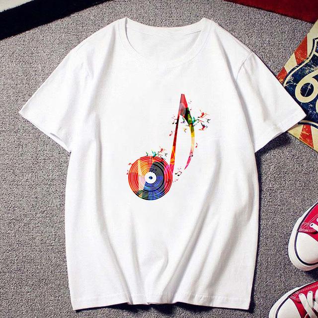 Fashion Creative Musical Note Printed T Shirt Female Harajuku Tshirt Ulzzang Clothes Vintage New White T -Shirt Women Tees Tops