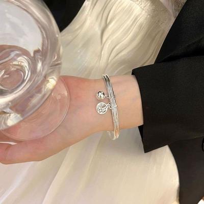 Fashion Good Luck Double Layer Fu Bell Bracelet Silver Color Trend Elegant Pendant Bangles For Women Adjustable Opening Bangle Charm Jewelry
