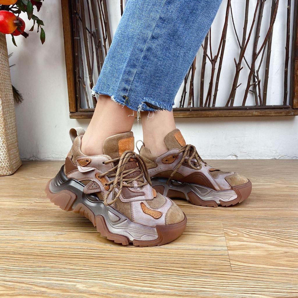 Johnature Genuine Leather Shoes Women Sneakers Lace-up Retro Mixed Colors Spring Handmade Concise Platform Sneakers