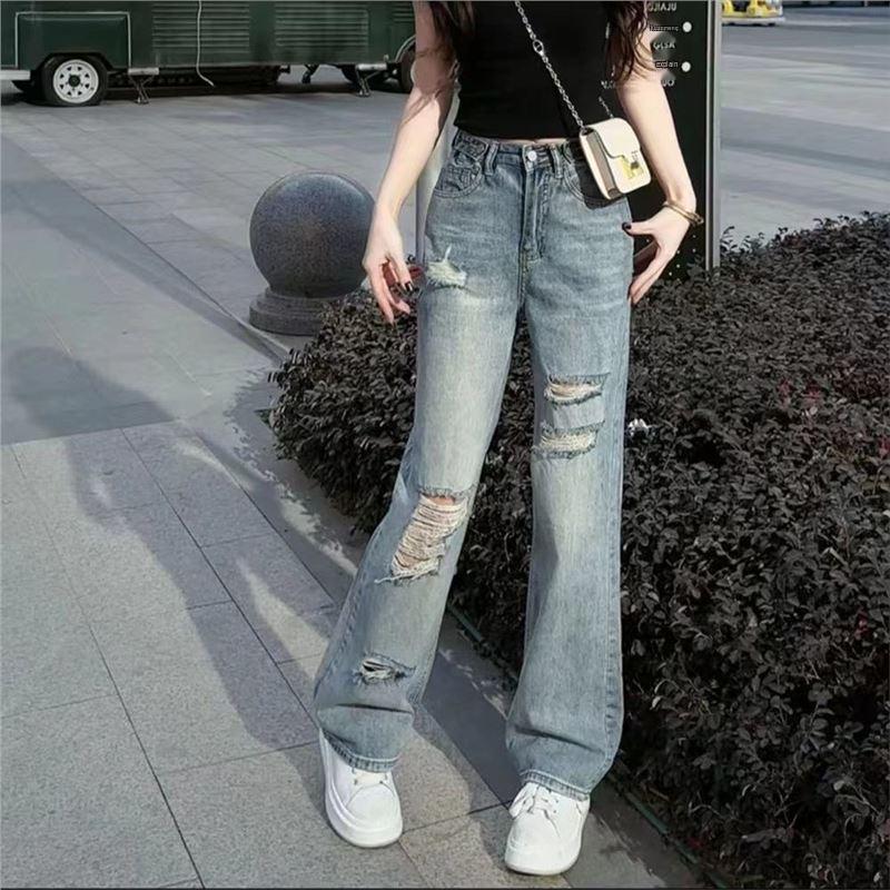 Women's 2025 Summer High-Waisted Ripped Wide-Leg Jeans - Loose, Casual, and Slimming.