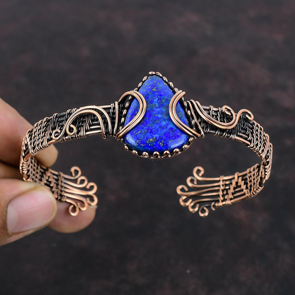 Náramek z lapisu lazuli, náramek omotaný měděným drátem, nastavitelná manžeta, šperk z drahokamů, ručně vyrobený náramek, šperk z antické mědi, dárek pro maminku