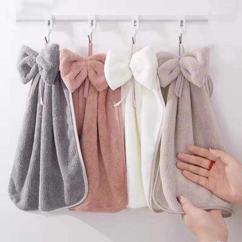 Hand Towel Household Bow Hanging Type Absorbent Towels Kitchen Wipe Handkerchief Solid Color Kitchen Supplies