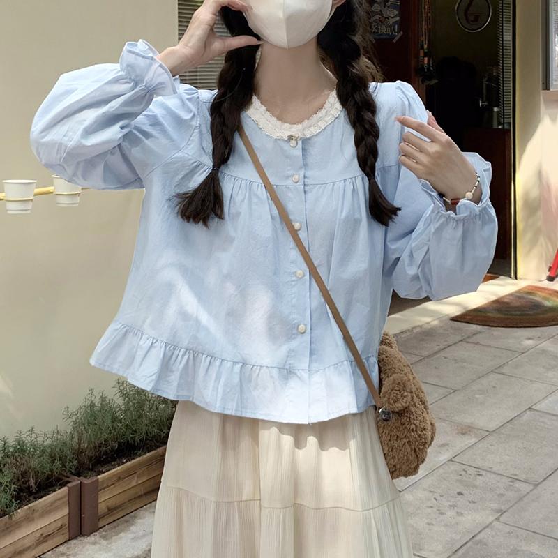 

VONDA Женские повседневные кружевные блузки с круглым вырезом и длинными рукавами-фонариками 4XL синий