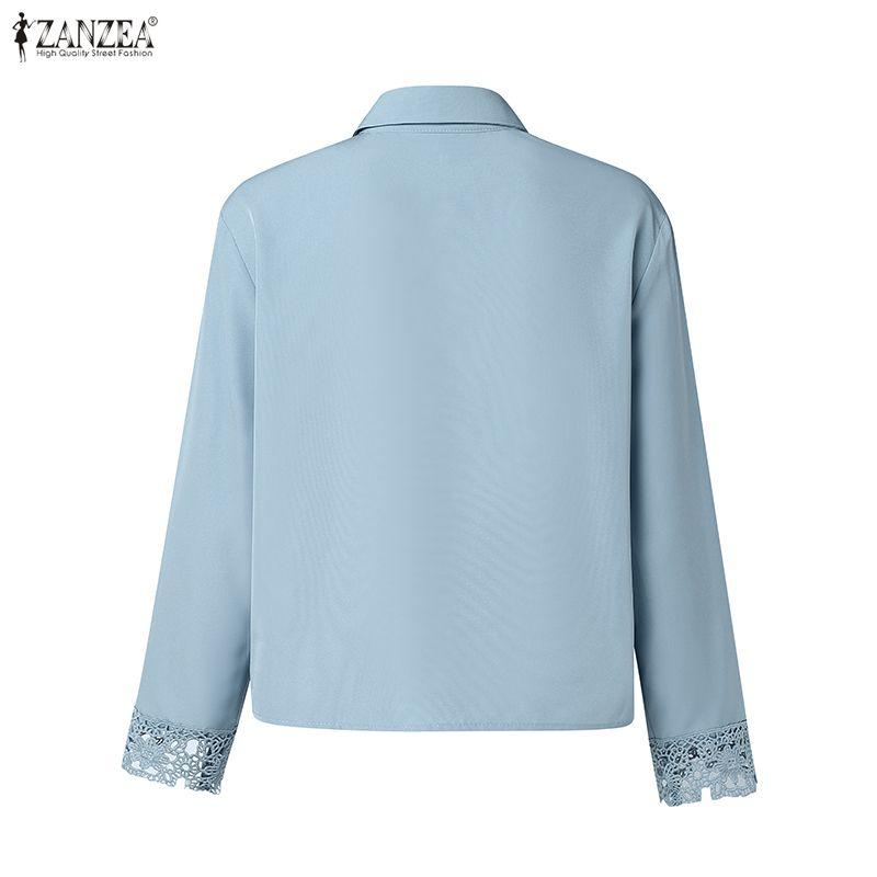 ZANZEA Women Casual Turn Down Collar Loose Lace Crochet Splice Long Sleeve Blouse