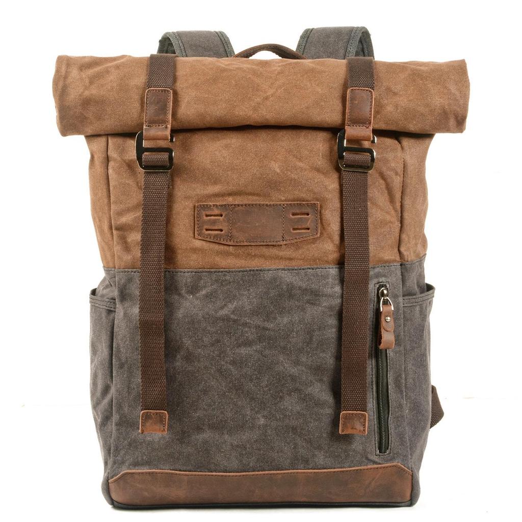 Retro European & American Color Block Canvas Backpack - Oil Wax Finish for Outdoor Hiking, Travel, Mountaineering, School, or Students