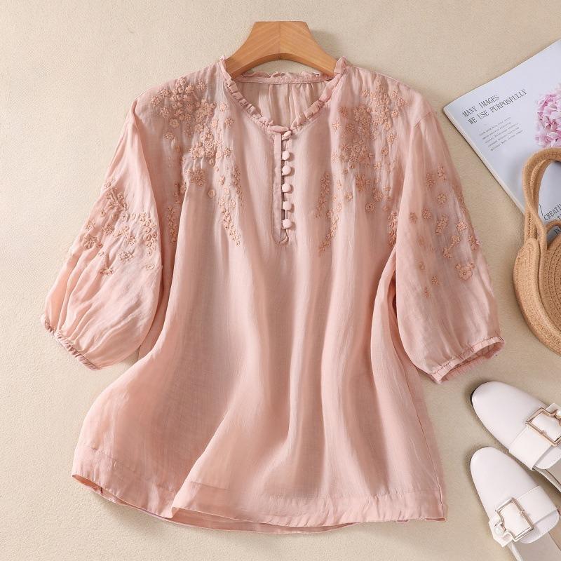 Summer Literary Loose Embroidered Flower V-neck Five-point Sleeve Shirt Women's Shirt Top