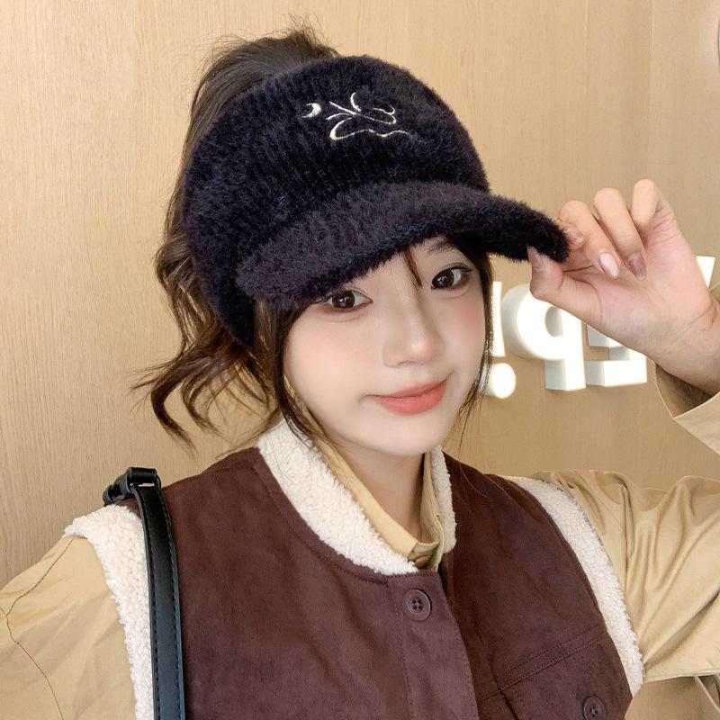 New Hat for Women's Solid Color Versatile Embroidered Knitted Wool Hat for Winter Warm Ear Protection Baseball Cap Thick