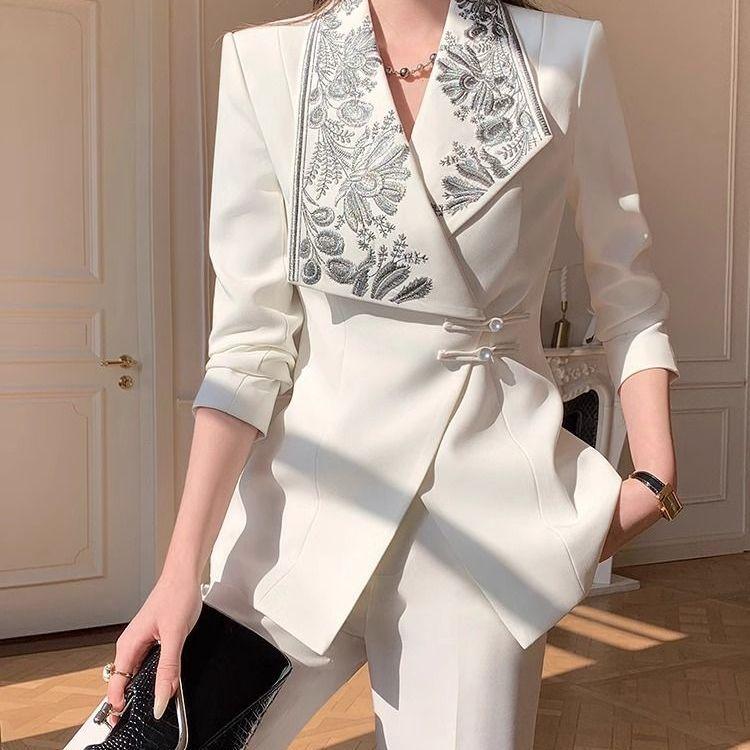Chinese Style Spring 2 Piece Sets Women Elegant Embroidery High End Frog Button Jacket White Flared Pants