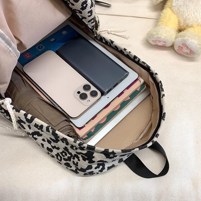 Women's Leopard Print Backpack Fashion Hundred Corduroy Backpack Trendy Student School Bag High Value Large Capacity Backpack