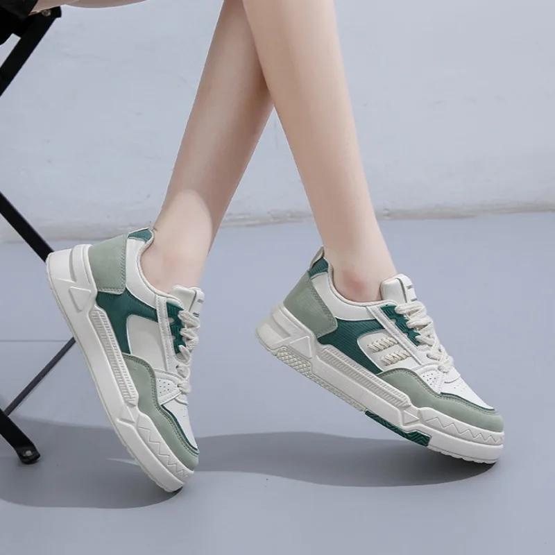 Women's Autumn Sneaker Comfortable Thick Sole Shoes Breathable Jogging Shoes Round Head Vulcanized Shoes Green Patchwork Shoe