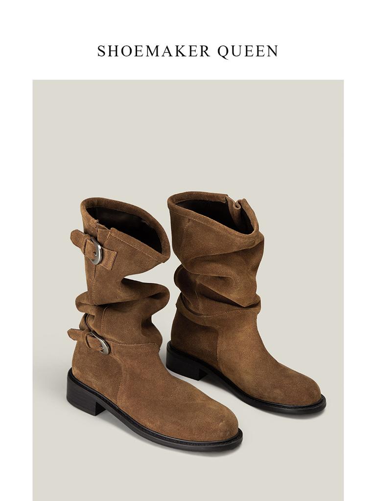 2025 nowy oryginalny design retro metalowa klamra okrągły nosek długie cholewki buty do zakładania gruby obcas trend rycerski buty za kostkę