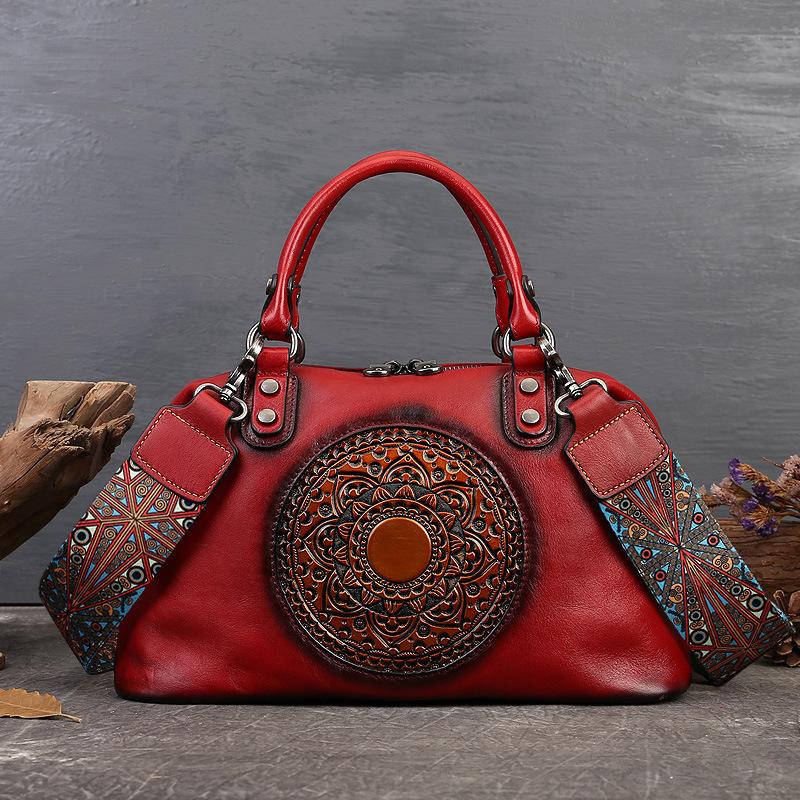 Embossed Totem Tote Bag First Layer Cowhide Commuting Handbag Large Capacity Single Shoulder Oblique Span Dumpling Bag Commuting Must