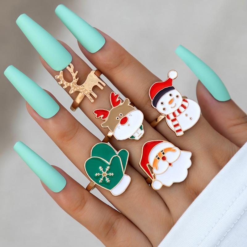

European and American holiday accessories Santa Claus elk oil dripping ring five-piece set Gloves snowman ring set