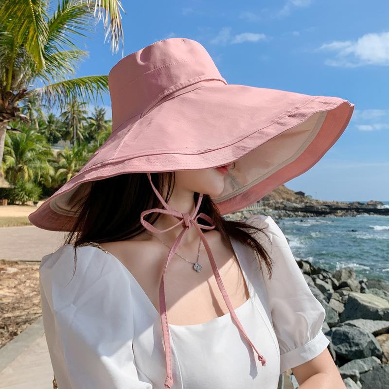 Hat Summer Women's New Seaside Beach Big Brim Sunscreen Sunshade Sun Hat Double-sided Wear Big Head Circumference Bucket Hat