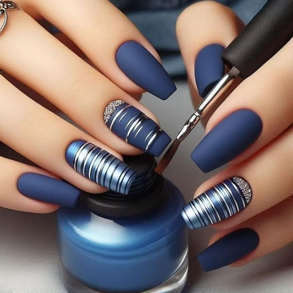 Retro Gestreift Feiner Glitzer Peeling Blau Abnehmbare Nagel Aufklebenägel