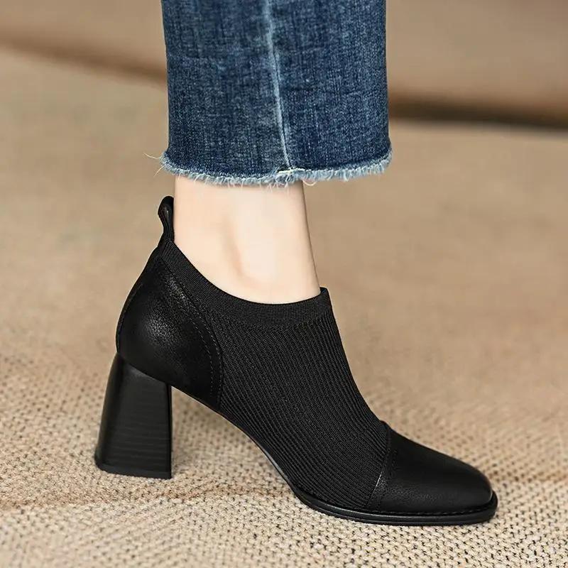Mode Retro Gespleißte High Heels Damen 2024 Herbst Gestrickt Gespleißte Quadratköpfige High Heels Pendler Damenschuhe Zapatos Mujer Traf