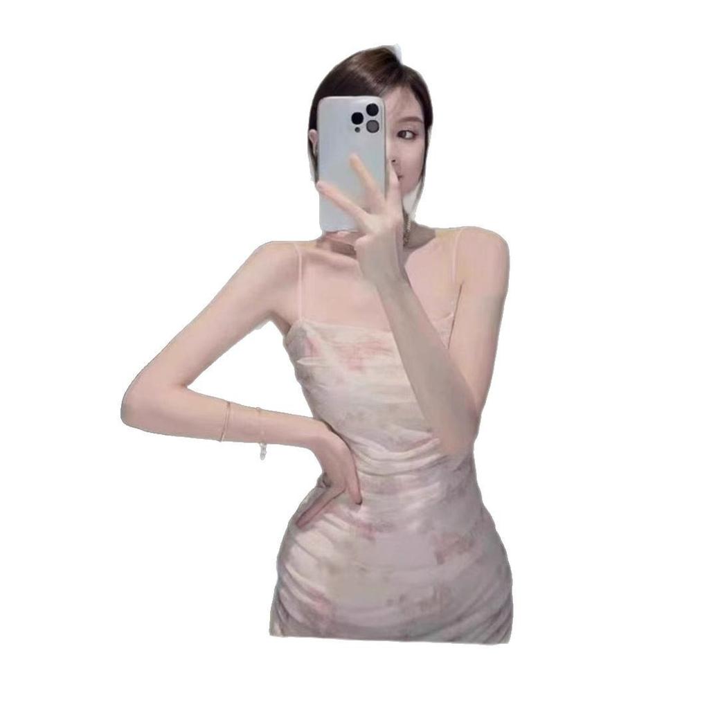 Suspender Dress Printed Pleated Mesh Outer Wear Inner Slim and Thin Temperament Fairy Pure Desire Style Design Long Dress