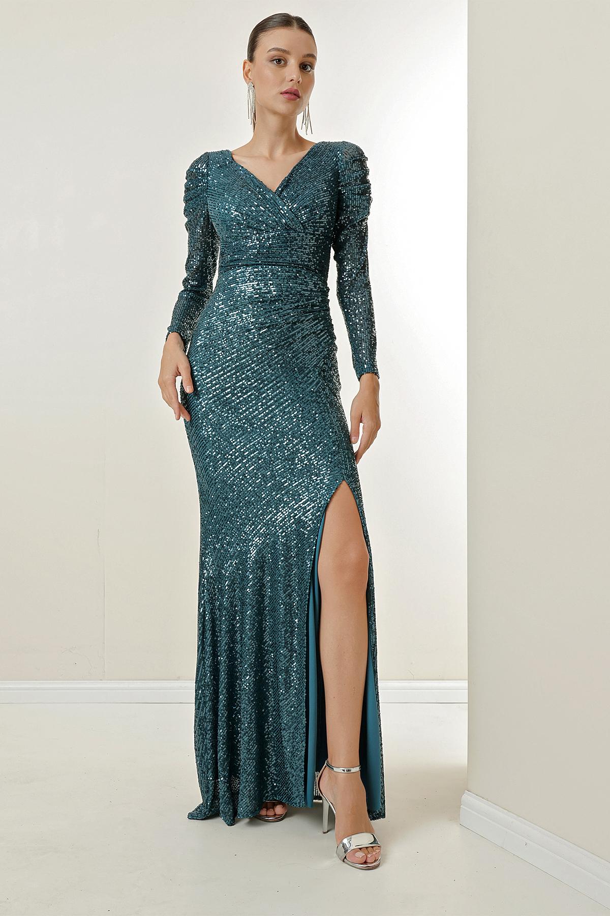 

Двубортное длинное платье с блестками и драпировкой спереди на подкладке XL охотник зеленый