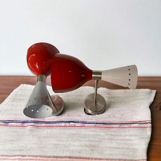 Italian Mid Century Double Wall Sconces Red and Chrome Modern Retro Lighting Set of 2 I