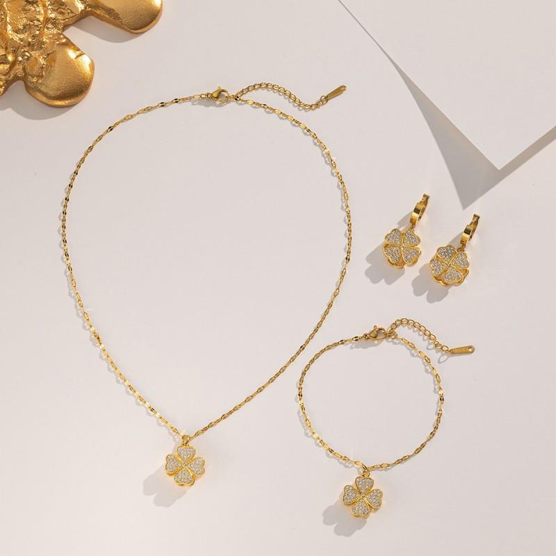 Elegant Four Leaf Clover Jewelry Set Women Gold Plated Stainless Steel Necklace Bracelet Earrings With Water Wave Chain